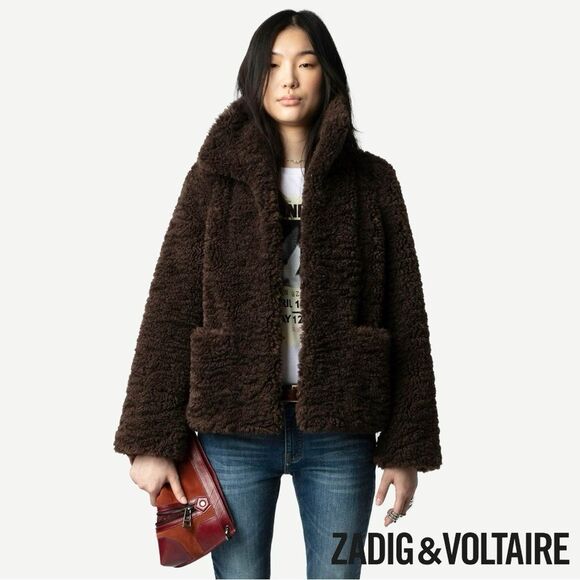 Zadig & Voltaire **NWT** Fred Soft Curly Sherpa Coat in Brown Land - Picture 1 of 7